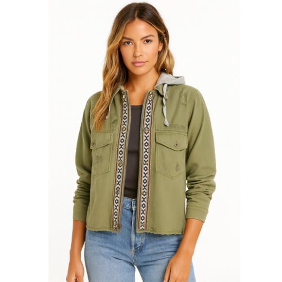 Free People Weekend Wanderer Distressed Green Hooded Jacket – Size Small - Picture 1 of 4